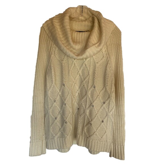 Embellished Cable Knit Cowl Sweater Pearls Fisherman Small/Petite Ivanka Trump - Picture 1 of 11